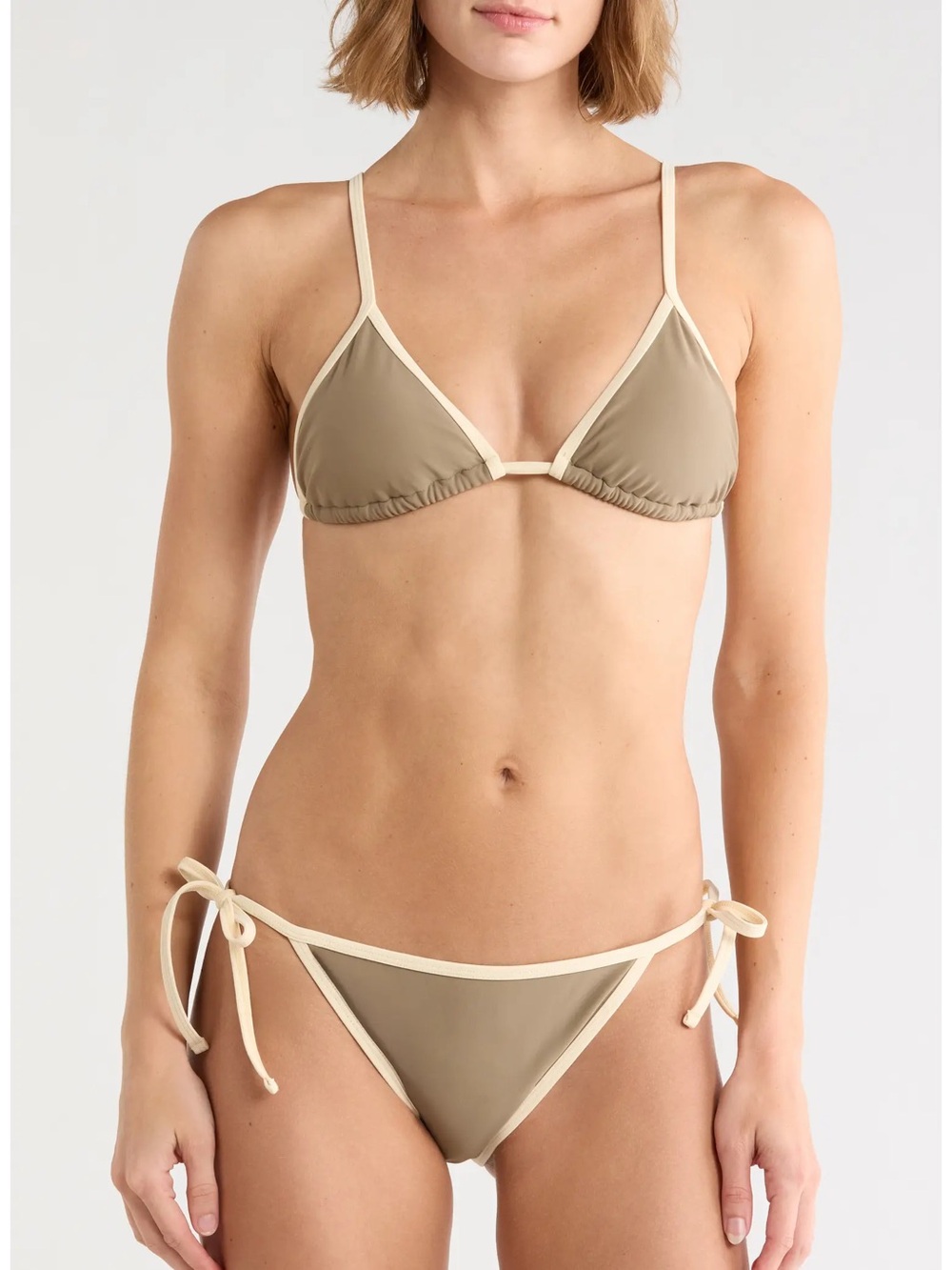 NWT Vince Triangle Taupe Tie-Side Triangle Bikini Set in Taupe with Ecru Trim